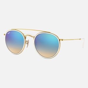 RayBan Round Double Bridge Sunglasses - white with blue reflective lenses